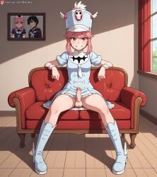 ai_generated boobly boots cum dress full_body futanari jakuzure_nonon pink_eyes pink_hair sitting solo