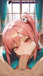 1boy 1girls 2025 ai_generated artist_name blowjob blowjob_face blush cock curtains dead_or_alive desk dick electroworld fellatio female hair_ornament hi_res high_quality high_resolution highres honoka_(doa) indoors licking oral oral_sex patreon patreon_username penis pink_eyes pink_hair pov solo_focus stable_diffusion straight sucking uncensored watermark window