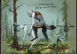 anthro anthro_on_feral bridle camera canid deer detailed_background doggy_style duo english_text female feral forced forest from_behind_position genitals halter hunter jeffusherb knot knotted_penis knotting male male/female mammal penetration penis plant rape sex text tree tripod vaginal_penetration vaginal_penetration zoophilia