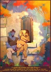 1boy 2girls after_vaginal ass balls black_hair blonde_hair blue_skin cum cum_in_pussy cum_inside detailed_background english_text female female/female flaccid_penis goatee goblin goblin_female green_skin hi_res horns kissing male moustache orcbarbies outdoors penis pointy_ears pussy sitting text tied_hair yuri