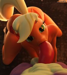 3d_(artwork) anthro applejack_(mlp) ass balls big_butt big_penis digital_media_(artwork) dragon duo equid equine female first_person_view friendship_is_magic genitals hasbro hi_res horse interspecies kneeling kneeling_oral_position looking_at_viewer male male/female mammal my_little_pony mythological_creature mythological_scalie mythology nude oral penetration penis pony pov_blowjob scalie sex smitty34 spike_(mlp) thick_thighs wide_hips