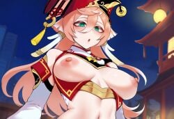 1girls ai_generated black_body female female_focus female_only genshin_impact hoyoverse large_areolae large_breasts light-skinned_female light_skin liyue_girls mihoyo mihoyo_technology_(shanghai)_co._ltd. night pink_hair pink_hair_female yanfei_(genshin_impact)