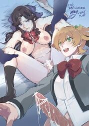 2girls blonde_hair brown_hair bukkake commission cum cum_in_pussy cum_on_body daiba_nana facial female futa_with_female futanari green_eyes highres intersex looking_up lying mirumiru multiple_girls nude pixiv_commission purple_eyes sex shoujo_kageki_revue_starlight tendou_maya thighs