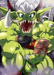 absurd_res balls bandai_namco biceps blue_eyes bodily_fluids digimon digimon_(species) ear_piercing genital_fluids genitals green_body green_skin hair hi_res horn humanoid leaking_precum logan_sato male muscular muscular_humanoid muscular_male muscular_thighs nipples ogremon penis piercing pointy_ears precum solo triceps vein veiny_muscles veiny_penis white_hair