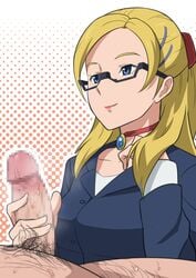 baker_(gundam_bf) blonde_hair blue_eyes breasts censored collar female glasses gundam gundam_build_fighters hairclip handjob highres long_hair looking_up lying medium_breasts office_lady penis precum pubic_hair simple_background smile suit sweat