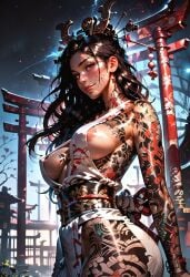 ai_generated amaterasu_(smite) areola_slip areolae black_hair gold_eyes headgear japanese japanese_clothes japanese_mythology kimono large_breasts manofmidas sideboob smite tattoos yellow_eyes