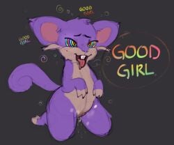 begging begging_pose blush blush_lines bodily_fluids buckteeth cheek_tuft countershade_face countershade_fur countershade_torso countershading darkened_genitalia darkened_pussy dialogue drooling eyebrows facial_tuft female feral fur generation_1_pokemon genital_fluids genitals hypnosis hypnotic_eyes kneeling leaking_pussy mind_control musk nintendo offscreen_character open_mouth open_smile pink_inner_ear pokemon pokemon_(species) pose purple_body purple_fur pussy raised_hands raised_tail rattata saliva smile solo sweat swirls tail teeth text tongue tongue_out truemew tuft vaginal_fluids