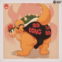 1:1 anthro ass belly bent_over bowser bowser_logo briefs catsnbriefs cedamuc1 clothing don't_dead_open_inside erection erection_under_clothing hair hi_res horn koopa male mario_bros nintendo oiruse overweight presenting presenting_hindquarters red_hair scalie shell smile solo spiked_shell spikes spikes_(anatomy) tenting underwear