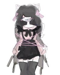 black_thighhighs blush bow cat_ears chair closed_eyes closed_eyes cute japanese japanese_clothes jirai_kei kawaii pink_rope skirt tape taped_hands thighhighs thighs tied_hands tied_up