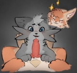2025 ambiguous_gender animal_genitalia animal_penis belly belly_markings between_legs blue_eyes blush blush_lines bodily_fluids canine_genitalia canine_penis cat_smile cheek_markings cheek_tuft closed_eyes countershade_fur countershade_snout countershade_torso countershading cutaway cute_fangs digital_media_(artwork) duo emanata erection eyebrows facial_markings facial_tuft fangs first_person_view fur genitals grey_body grey_fur head_markings head_tuft imminent_fellatio imminent_oral inner_ear_fluff knot looking_at_genitalia looking_at_penis male male/ambiguous markings open_mouth orange_body orange_fur paws penis red_penis snout sparkles sweat tan_body tan_fur teeth truemew tuft unknown_species