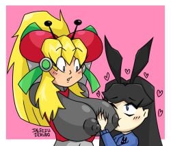 antennae arm_behind_head armor armored_gloves arms_up bikini_armor blonde_hair blue_eyes blush breast_sucking breasts cowboy_shot grabbing_another's_breast green_ribbons groping hair_ribbon hairband hands_up headphones heart highres hyper_roll_(marvel_vs._capcom) jaleczu_zerudo joints large_breasts long_hair looking_at_another looking_at_viewer marvel_vs._capcom mechanical_arms mechanical_legs mega_man_(classic) mega_man_(series) oc_x_canon pink_background ponytail radio_antenna red_armor ribbon robot robot_girl robot_joints roll_(mega_man) shoulder_armor sidelocks simple_background size_difference smile two-tone_background white_background yuri