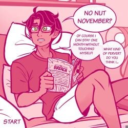 bedroom black_hair book glasses green_eyes incubus matthew_(myladycheshire) myladycheshire no_nut_november reading shorts tan_skin