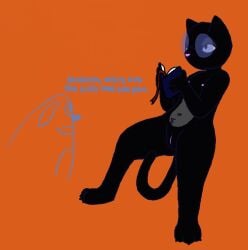 anthro black_body black_fur blossom_(fetch_with_ruff_ruffman) canid canine canis catscatscatscatscats digital_media_(artwork) domestic_cat domestic_dog english_text eyewear felid feline felis female fetch!_with_ruff_ruffman fur genitals mammal pbs pussy ruff_ruffman simple_background solo tail text