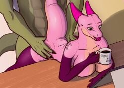 absurd_res ambiguous_penetration ambiguous_species animate_inanimate anthro astral_kobold belly big_breasts breasts bulge casual_sex claws coffee_mug digital_media_(artwork) duo english_text female female_penetrated finger_claws from_behind_position glistening glistening_body gloves_(marking) green_body happy hi_res holding_hips holding_object horn inflatable kobold leg_markings living_inflatable living_sex_doll living_sex_toy male male/female male_penetrating male_penetrating_female markings multicolored_body multitasking non-mammal_breasts nude obscured_penetration open_mouth over_table owner_mark partially_offscreen_character penetrable_sex_toy penetration pink_body pink_horn scalie seam_(sewing) sex sex_doll_holes sex_toy simple_background socks_(marking) tablet_computer tail tan_belly text thigh_highs_(marking)