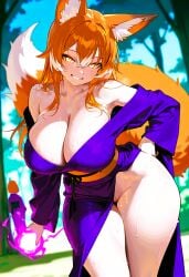 ai_generated cleavage clothing forest fox highres kimono large_ass large_breasts original_character thick_thighs