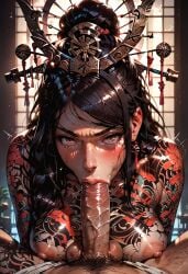 ai_generated amaterasu_(smite) black_hair blowjob headgear japanese japanese_clothes japanese_mythology large_breasts manofmidas nipples pov pov_eye_contact smite tattoos tears yellow_eyes