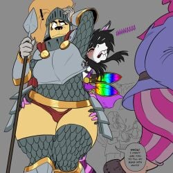 1:1 2024 accidental_sex amelia_steelheart anthro armor armwear asinus avian big_breasts bird bird_dog bite biting_lip black_hair black_nose blonde_hair breastplate breasts buckteeth camel_toe canid canine canis cape closed_eyes clothed clothing corvid corvus_(genus) crossdressing crow dialogue disney domestic_dog donkey elbow_gloves english_text equid equine exclamation_point eyebrows eyelashes female femboy frown fully_clothed gloves golden_retriever greaves group guard hair handwear headgear helmet hi_res hip_grab holding_melee_weapon holding_object holding_polearm holding_spear holding_weapon hunting_dog innuendo legwear long_hair looking_pleasured male male/female mammal medieval medieval_armor medieval_clothing melee_weapon moan orgasm orgasm_face oscine outside passerine pauldron pixie_(pixiemuledonkey) pixiemuledonkey polearm premature_ejaculation public retriever rhino_guard rhinoceros robin_hood_(disney) scale_armor sex spear speech_bubble teeth text thick_thighs thigh_highs vambrace weapon wide_eyed