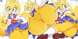 2025 2:1 2_tails 5_fingers anthro anus asian_clothing ass balls barely_visible_anus big_butt blue_eyes blush bulge canid canine clothed clothing crossdressing digital_media_(artwork) dipstick_tail east_asian_clothing eyelashes femboy fingers flaccid fluffy fluffy_tail footwear fox fur genitals gesture hand_gesture hi_res huge_butt japanese_clothing japanese_school_uniform krokobyaka looking_at_viewer male mammal markings multi_tail open_mouth open_smile otoko_no_ko penis perineum school_uniform sega serafuku shoes smile socks solo sonic_(series) sonic_the_hedgehog_(series) tail tail_markings tails tails_the_fox thick_thighs twink uniform v_sign yellow_body yellow_fur