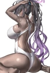 absurdres black_hair blue_archive breasts competition_swimsuit dark-skinned_female dark_skin female from_behind halo highleg highleg_one-piece_swimsuit highres holding holding_own_hair karin_(blue_archive) large_breasts long_hair looking_at_viewer looking_back number_tattoo one-piece_swimsuit purple_halo racerback simple_background sitting solo swimsuit tattoo theory_(oortcloud1111) wariza white_background white_one-piece_swimsuit yellow_eyes
