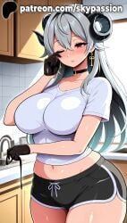 1girls 2025 ai_assisted ai_generated anime artist_name belly big_breasts big_chest black_choker black_gloves black_horns blush breast breasts bust busty chest choker clothed_female curled_horns curvy earrings eyebrows_visible_through_hair female female_focus female_only gloves hair_between_eyes hi_res high_quality high_resolution highres horns jewelry large_breasts long_hair midriff navel one_eye_closed patreon patreon_username plump red_eyes shirt shorts silver_hair skypassion solo stable_diffusion t-shirt thick_thighs thighs tile_floor tile_wall tiles watermark white_shirt wuthering_waves zani_(wuthering_waves)