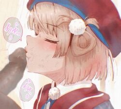 1boy after_fellatio barichieiro beret blonde_hair blush closed_eyes clothed_female_nude_male female hair_ornament hair_rings hat indie_virtual_youtuber kissing kissing_penis nude pinstripe_jacket pinstripe_pattern pom_pom_(clothes) pom_pom_hair_ornament red_sailor_collar sailor_collar shigure_ui_(vtuber) shigure_ui_(vtuber)_(1st_costume) short_hair solo_focus virtual_youtuber