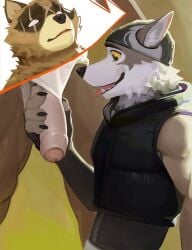 anthro brown_body brown_fur canid canine canis clothed clothing duo epic_games facial_scar fortnite fur genitals hajime_(fortnite) headgear headwear hi_res holding_penis humanoid_genitalia male male/male mammal penis raccoon_dog red8ean scar simple_background smile tanuki tongue tongue_out wendell_(fortnite) white_body white_fur wolf