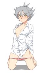 blush female fubuki_atsuya grey_hair inazuma_eleven kneeling panties panty_pull rule_63 shirou_fubuki shirt striped striped_panties thighs yellow_eyes