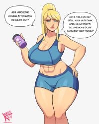 abs bimbo bimbofication blonde_hair blue_eyes english_text erect_nipples female high_ponytail huge_ass huge_breasts jpg metroid misskoi muscular_female ponytail samus_aran speech_bubble tagme text thick_thighs twitter_link