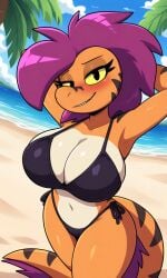 ai ai_art ai_generated anthro arms_behind_head beach big_breasts bikini bikini_girl black_bikini blush blushing_at_viewer breasts jurassiczalar looking_at_viewer pixai pose raptor roxie_(jurassiczalar) roxie_raptor roxy_(jurassiczalar) seductive seductive_eyes seductive_look seductive_smile sexy teeth velociraptor
