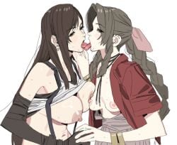 2girls aerith_gainsborough big_breasts breasts closed_eyes cum cum_in_mouth cum_kiss cum_swap cum_swapping cumswap earrings female female_focus female_only final_fantasy final_fantasy_vii final_fantasy_vii_remake french_kiss hand_holding kissing long_hair nail_polish nce42g nipples open_mouth square_enix tifa_lockhart tongue tongue_kiss tongue_out yuri