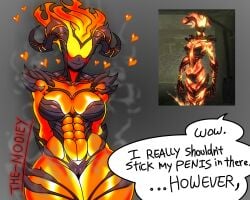 abs big_breasts blush blush blush_lines elemental_creature female flame_atronach heart i_really_shouldn't_stick_my_penis_in_there reference_image skyrim smile steam tagme the-modiey the_elder_scrolls thick_thighs watermark