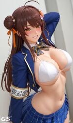 1girls 3d ai_generated arm_band belly_button bowtie bra brown_hair first_porn_of_character hair_buns jacket kosine1777 kosineverse large_breasts miniskirt mole_under_eye moles_under_eyes momoka_saiharu_(kosine1777) original original_character school_uniform skirt white_bra