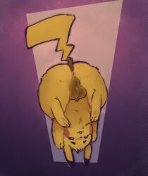 2025 animal_genitalia anus ass balls blush blush_stickers bodily_fluids darkened_balls darkened_genitalia digital_media_(artwork) feet feral fluffy fur generation_1_pokemon genitals hanging_upside_down head_tuft hi_res high-angle_view male nintendo open_mouth penis penis_tip perineum pikachu pokemon pokemon_(species) presenting presenting_anus presenting_hindquarters sheath solo sweat tail truemew tuft upside-down yellow_body yellow_fur