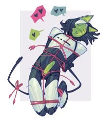 animal_humanoid blush blush_lines bondage bondage bound cable_harness cable_tail cat_humanoid erection felid felid_humanoid feline feline_humanoid genitals geometric_background green_face green_inner_ear green_penis hair heart_symbol hi_res humanoid izviiini kotya_(izviiini) looking_at_viewer lying machine male mammal mammal_humanoid on_back penis restraints robot robot_humanoid rope rope_bondage rope_harness screen screen_face simple_background smile solo speech_bubble trans_(lore) trans_woman_(lore)