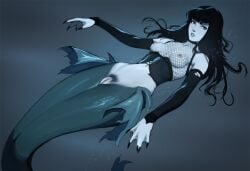 bare_shoulders black_hair black_nails black_pubic_hair blue_eyes breasts collarbone commentary corset detached_sleeves english_commentary female female_pubic_hair fingernails fishnet_top fishnets goth_fashion grey_lips hair_spread_out highres long_fingernails long_hair long_sleeves looking_at_viewer medium_breasts mermaid monster_girl navel nipples original parted_lips pubic_hair pussy sharp_fingernails solo tarakanovich uncensored webbed_hands