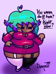 1girls belt blue_nails breasts camila_(speg) chubby clothed clothing dark_skin derp777 dialogue dress english_text fat female friday_night_funkin friday_night_funkin_mod girlfriend_(friday_night_funkin) green_hair high_quality neon_hair obese oc original_character pink_background purple_heels request requested solo tagme text thick_thighs