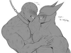 2boys baimonbluewhale bald bara blush chain_leash chains collar deadpool english_text facial_hair gay grin hairy_chest hairy_male large_pectorals logan_(x-men) looking_at_another male marvel mask muscular nude pecs pectoral_grab scars_all_over wade_wilson wolverine_(x-men) x-men yaoi