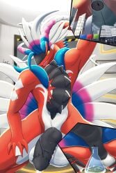 anthro anus ass balls cum dragon genital_fluids genitals immortal_degeneracy koraidon labratory macro male micro orange_eyes penis pokemon pokemon_(species) precum red_body reptile scalie shrunken testicles yellow_sclera