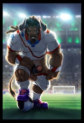 2014 badcoyote balls beard bovine clothing corvuspointer facial_hair horn lights looking_at_viewer male male_only mammal minotaur muscles penis scar shoes shorts soccer solo stadium