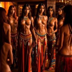 4girls 5girls ai_generated black_hair breasts breasts_out dark-skinned_female dark_skin earrings exposed_breasts female female_focus female_only group group_nudity harem harem_girl harem_girls harem_outfit human human_female in_a_row jewelry lineup long_hair looking_at_viewer medium_breasts multiple_girls native native_american native_american_clothing native_american_female native_american_harem necklace nhumanfuture nude nude_female original original_character partially_clothed partially_clothed_female partially_undressed perfect_body perfect_boobs photorealistic posing posing_for_the_viewer realistic realistic_textures seductive seductive_look thin_waist topless topless_female traditional_clothes