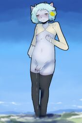 alien antennae_(anatomy) anthro balls black_clothing black_legwear black_thigh_highs blue_body blue_hair blue_skin blush bodily_fluids city clothed clothing dripping femboy genital_fluids genitals giga hair hi_res landscape_dwarfing leaking_precum legwear macro male nipples partially_clothed penis precum precum_drip precum_on_ground purple_eyes solo teruni-inamor thigh_highs virelli wassa_panotto_inamor yellow_clothing