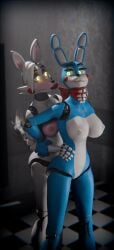 2girl 2girls 3d afafafewg animatronic animatronics ass blue_skin blush bowtie breasts bunny_ears female five_nights_at_freddy's five_nights_at_freddy's_2 five_nights_at_freddy's_4 fnaf fnaf_2 fnaf_4 fox_ears fuck_nights_at_frederika's furry furry_tail glowing_eyes green_eyes highres hip_grab mangle_(fnaf) pink_skin robot robotic sex smiling tail tie toy_bonnie_(fnaf) white_hair white_skin yellow_eyes yuri