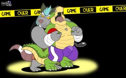 2025 absurd_res alligator alligatorid anthro bodily_fluids bottomwear boxing_shorts brok_(brok_the_investigator) brok_the_investigator bulge closed_eyes clothing cowcat_games crocodilian cum dart_(brok_the_investigator) duo erection erection_under_clothing genital_fluids grey_body hi_res male male/male mammal murid murine open_mouth rat reptile rodent scalie shirt shorts slightly_chubby smile spotttheyeen topwear