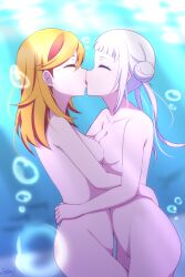 arashi_chisato ass bare_arms bare_legs bare_shoulders bare_thighs blush breast_press breasts closed_eyes collarbone completely_nude french_kiss groin hair_bun hairband hugging_each_other kissing lesbian_kiss love_live! love_live!_superstar!! medium_breasts medium_hair nude orange_hair pussy satou_yuzuki shibuya_kanon standing thighs tongue tongue_kiss tongue_out white_hair yuri