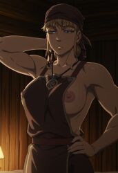 ai_generated apron areola areola_slip areolae armpits bandana blonde_female blonde_hair blonde_hair_female blue_eyes breasts breasts breasts breasts_out dress female female_focus female_only frown half-dressed hand_on_hip hands_behind_head indoors light-skinned_female mature_female mature_woman muscle_mommy nipple_slip nipples nipples_visible_through_clothing nordic nordinex5 norse_woman pale-skinned_female perfect_body solo solo_female solo_focus stable_diffusion tits_out toned toned_body toned_female viking_female vinland_saga ylva_(vinland_saga)