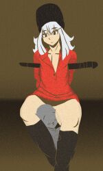 1boy boots eyebrows_visible_through_hair femboy grey_hair head_between_thighs headwear long_hair male original_character shirt simple_background sword yaoi