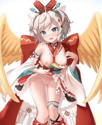 absurdres aqua_eyes aqua_sash aqua_trim back_bow between_breasts black_choker bow breasts censored choker feathered_wings female gplnbeat grey_hair hair_ornament hand_fan hand_on_own_chest hat heart heart_censor highres holding holding_fan japanese_clothes medium_breasts nipples nude oerba_yun_fang open_mouth partially_undressed princess_connect! pussy pussy_juice red_bow resplendent_phoenix_(shadowverse) skin_fang standing tassel thigh_strap white_sleeves wide_sleeves wings yellow_wings