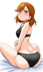 ass bare_arms bare_legs bare_shoulders bare_thighs black_bra black_panties blush bra closed_mouth lace-trimmed_bra love_live! love_live!_superstar!! medium_breasts medium_hair nail_polish orange_hair panties pink_nails purple_eyes shibuya_kanon sitting thighs twisted_torso underwear underwear_only yopparai_oni