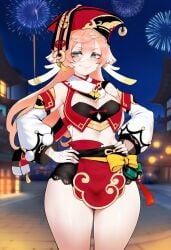 1girls ai_generated black_body female female_focus female_only genshin_impact hoyoverse light-skinned_female light_skin liyue_girls mihoyo mihoyo_technology_(shanghai)_co._ltd. night pink_hair pink_hair_female yanfei_(genshin_impact)