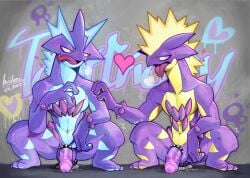 accessory amped_toxtricity anal anal_masturbation anthro athletic athletic_male breath cock_ring crouching dildo dildo_sitting duo eye_contact generation_8_pokemon heart_symbol hi_res hidoritoyama holding_shoulder jewelry looking_at_another looking_at_partner low_key_toxtricity male masturbation nintendo panting penetration penis_accessory penis_jewelry pokemon pokemon_(species) sex_toy tongue tongue_out toxtricity
